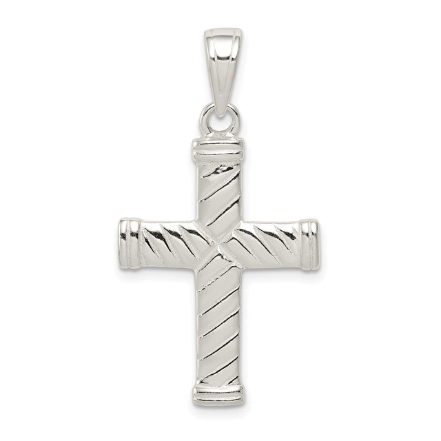 Sterling Silver Cross Pendant with Rope Texture and Sleek Bail, Modern Symmetrical Design