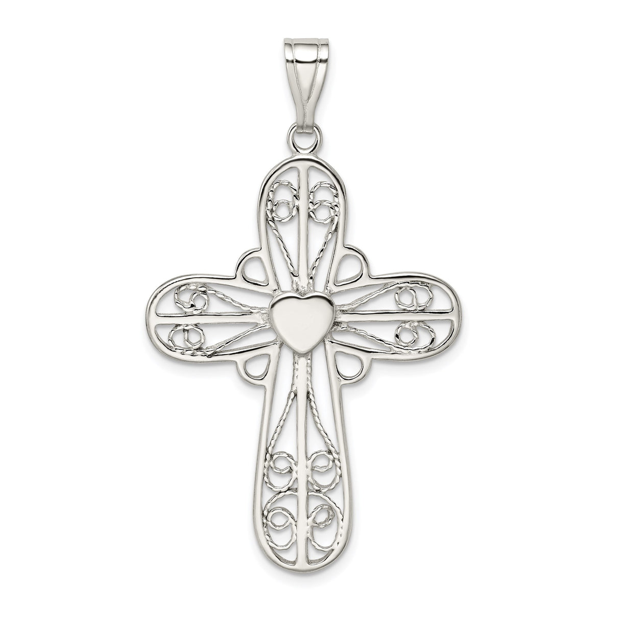 Sterling Silver Cross Pendant with Filigree and Heart Center Detailing, Vintage Religious Style