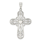 Sterling Silver Cross Pendant with Filigree and Heart Center Detailing, Vintage Religious Style