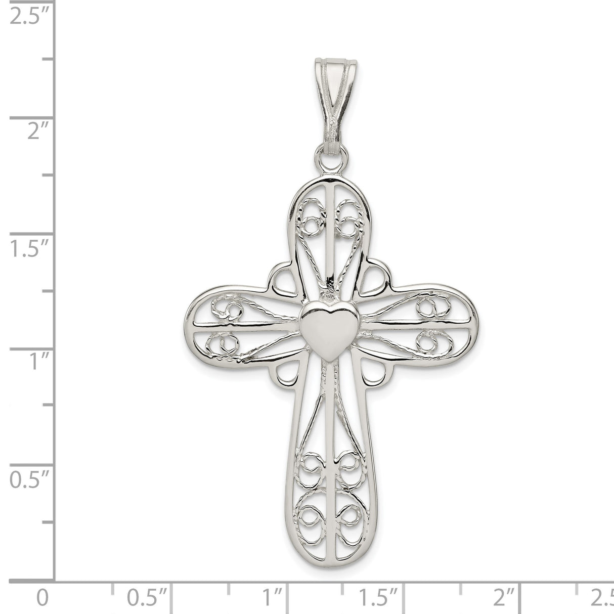 Sterling Silver Cross Pendant with Filigree and Heart Center Detailing, Vintage Religious Style