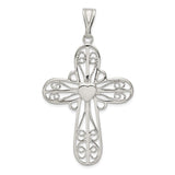 Sterling Silver Cross Pendant with Filigree and Heart Center Detailing, Vintage Religious Style