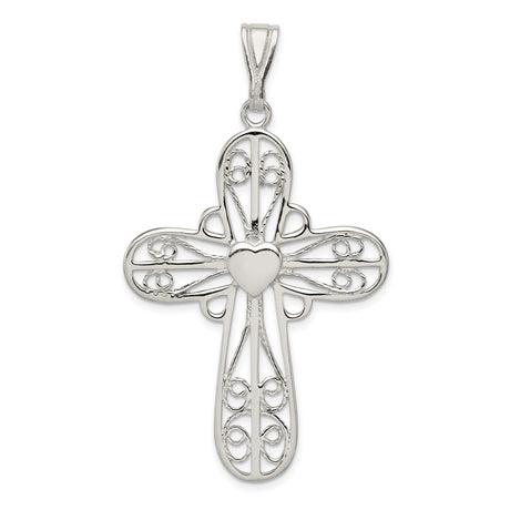 Sterling Silver Cross Pendant with Filigree and Heart Center Detailing, Vintage Religious Style
