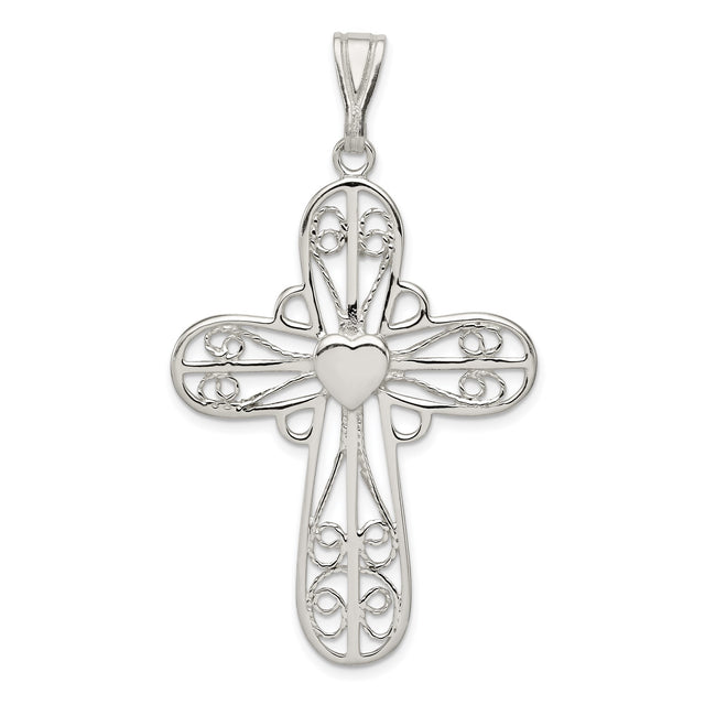 Sterling Silver Cross Pendant with Filigree and Heart Center Detailing, Vintage Religious Style
