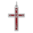 Sterling Silver Cross Pendant with Red Enamel Center and Textured Edge Design