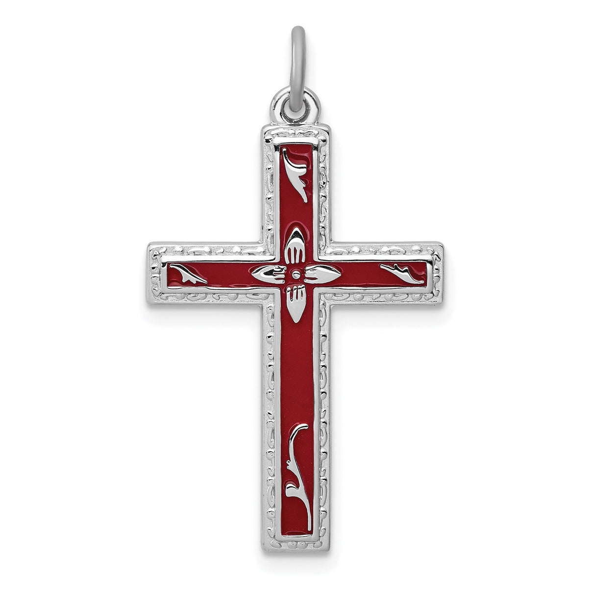 Sterling Silver Cross Pendant with Red Enamel Center and Textured Edge Design