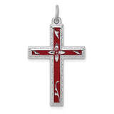 Sterling Silver Cross Pendant with Red Enamel Center and Textured Edge Design
