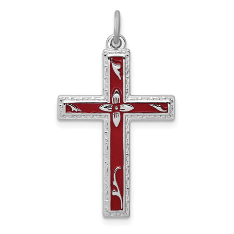 Sterling Silver Cross Pendant with Red Enamel Center and Textured Edge Design