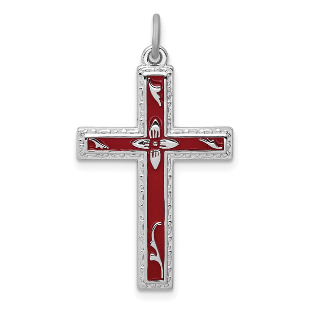 Sterling Silver Cross Pendant with Red Enamel Center and Textured Edge Design
