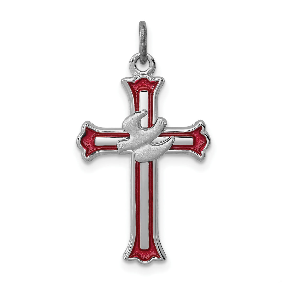 Sterling Silver Cross Pendant with Red Enamel Dove, Christian Faith Symbol for Men and Women