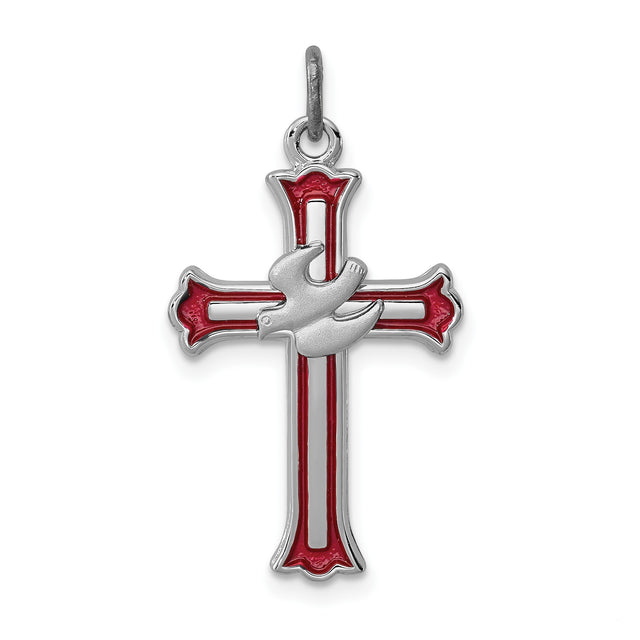 Sterling Silver Cross Pendant with Red Enamel Dove, Christian Faith Symbol for Men and Women