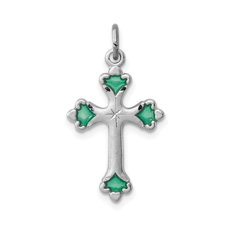 Sterling Silver Cross Pendant with Green Enamel, Emerald Inlay, and Patonce Starburst Design
