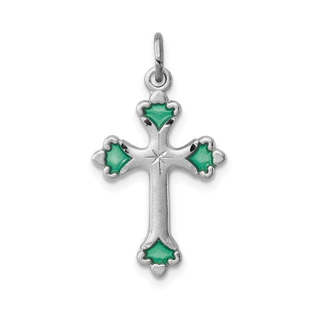 Sterling Silver Cross Pendant with Green Enamel, Emerald Inlay, and Patonce Starburst Design