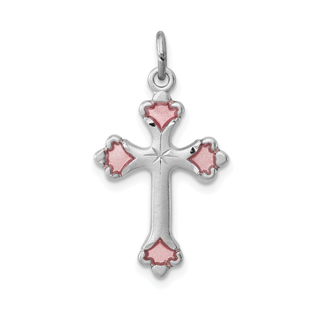 Sterling Silver Cross Pendant with Pink Enamel Floral Detail, Religious Design for Men and Women
