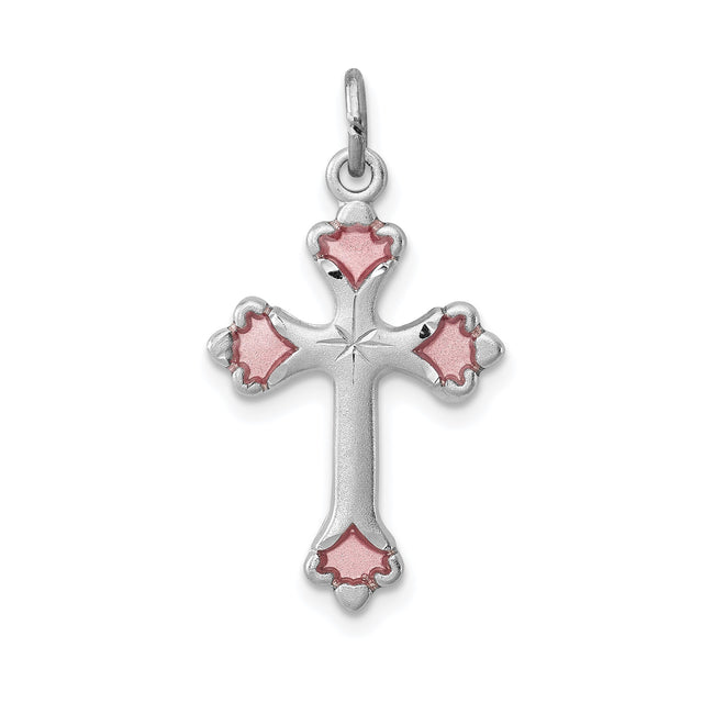 Sterling Silver Cross Pendant with Pink Enamel Floral Detail, Religious Design for Men and Women