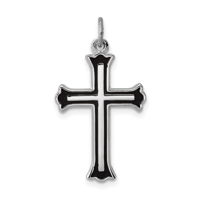 Sterling Silver Cross Pendant with Black Enamel, Flared Tip Fleur Design, Vintage Style