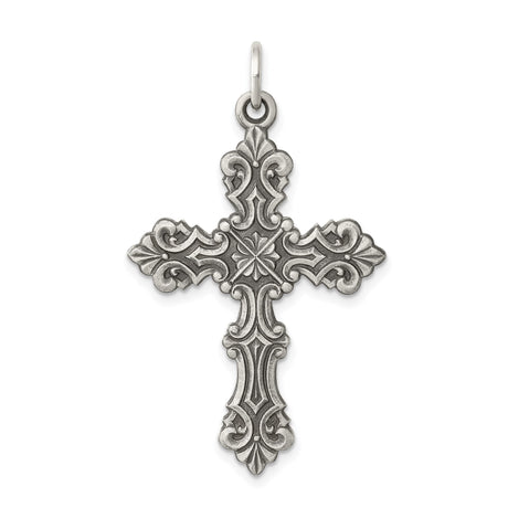 Sterling Silver Cross Pendant with Vintage Scrollwork, Gothic Floral Religious Design