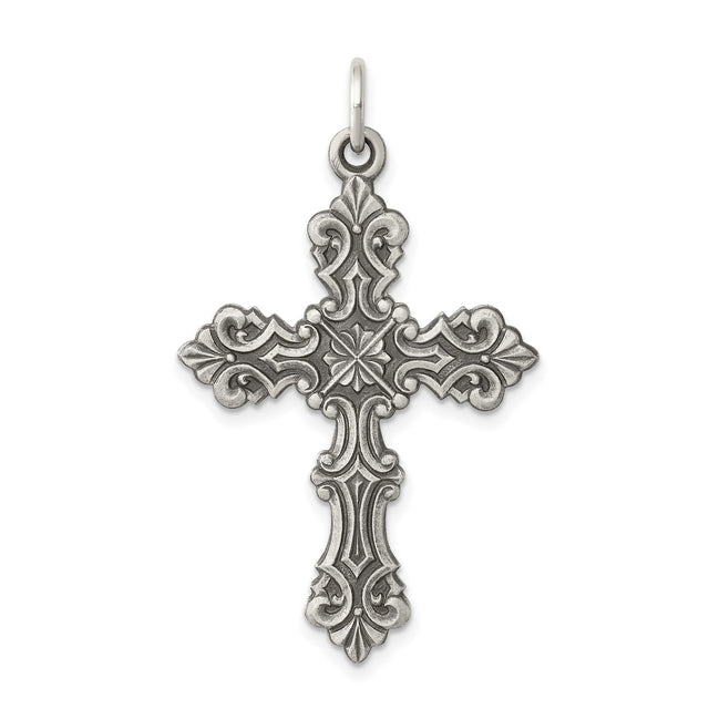 Sterling Silver Cross Pendant with Vintage Scrollwork, Gothic Floral Religious Design