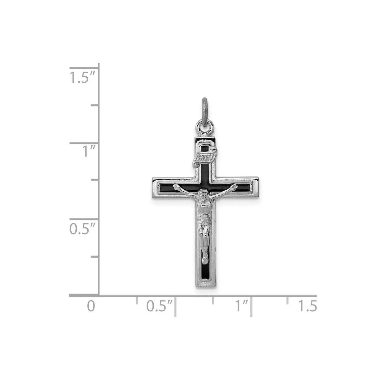 Sterling Silver Crucifix Cross Pendant with Raised Christ and Black Enamel Accents
