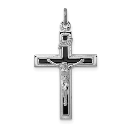 Sterling Silver Crucifix Cross Pendant with Raised Christ and Black Enamel Accents