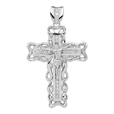 Sterling Silver Crucifix Cross Pendant with Cubic Zirconia, Filigree Design, Jesus Christ Symbol