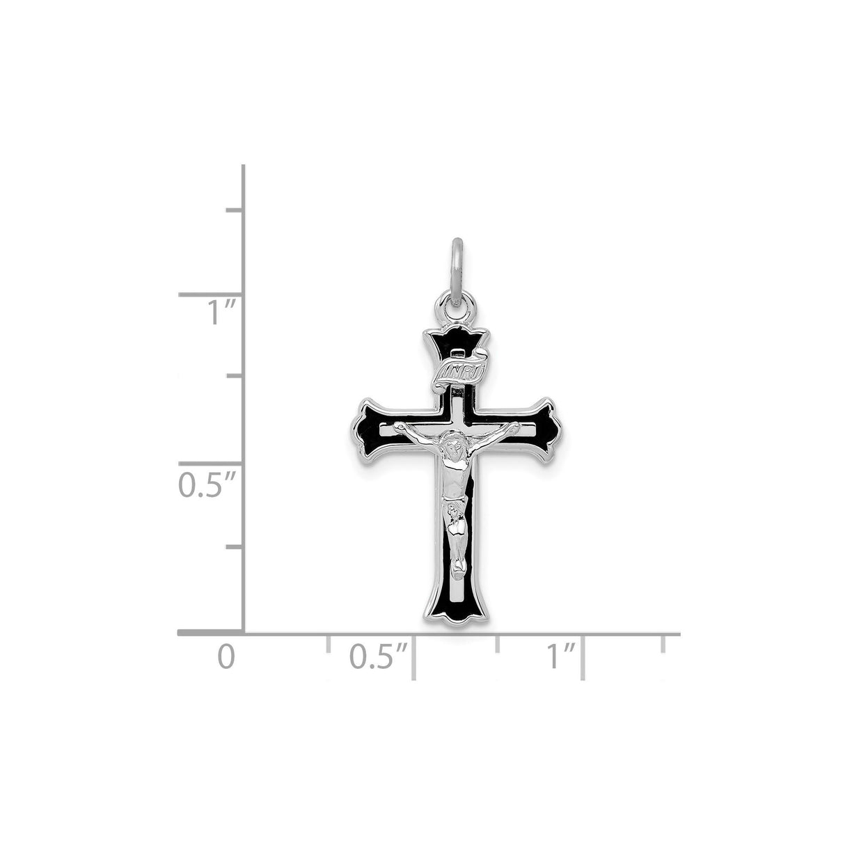 Sterling Silver Crucifix Pendant with INRI Detailing and Black Enamel Accents