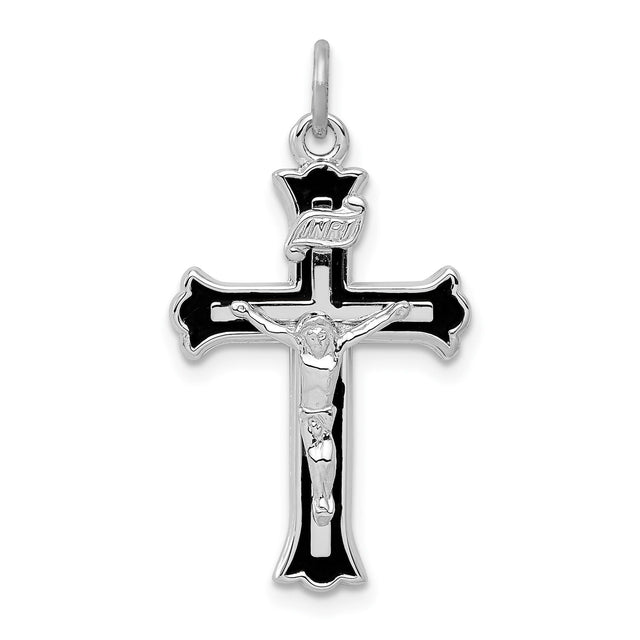 Sterling Silver Crucifix Pendant with INRI Detailing and Black Enamel Accents