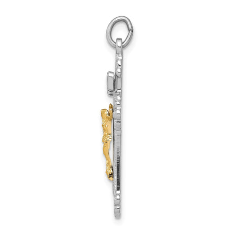 Sterling Silver Crucifix Cross Pendant with Gold Vermeil INRI Scroll and Fleur Design
