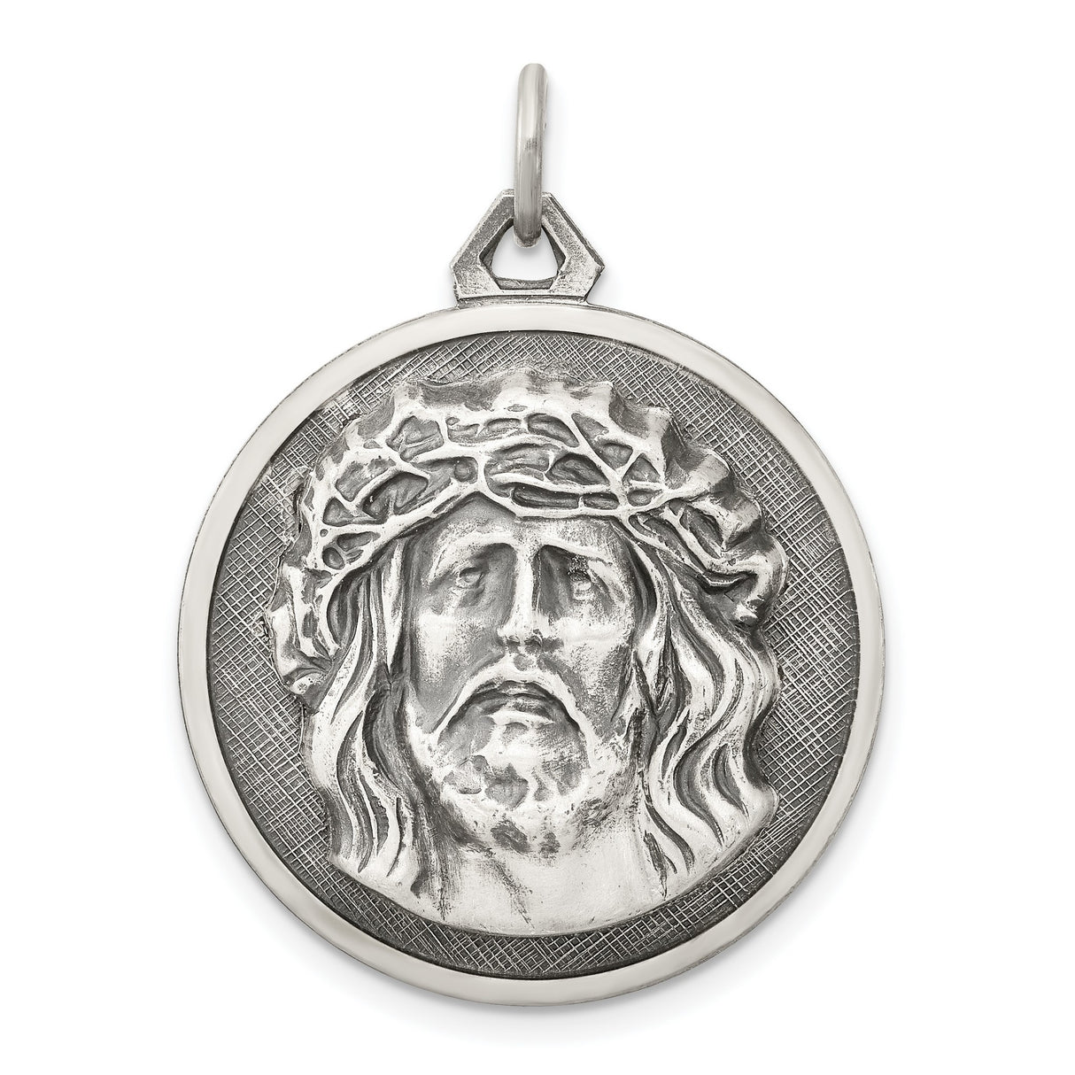 Sterling Silver Jesus Pendant with Crown of Thorns, Christian Medallion for Men or Women