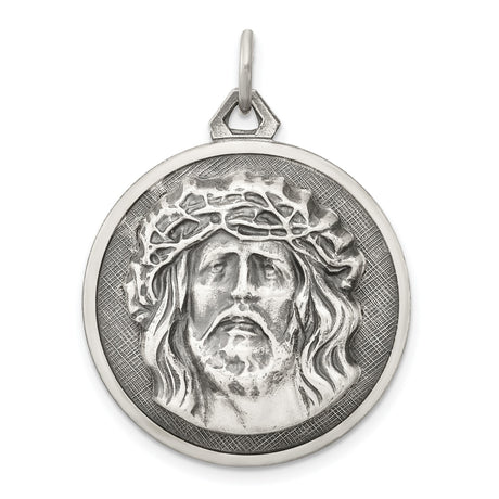Sterling Silver Jesus Pendant with Crown of Thorns, Christian Medallion for Men or Women