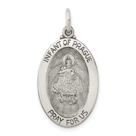 Sterling Silver Oval Pendant with Infant of Prague and Pray for Us Engraving, Catholic Medal for Women