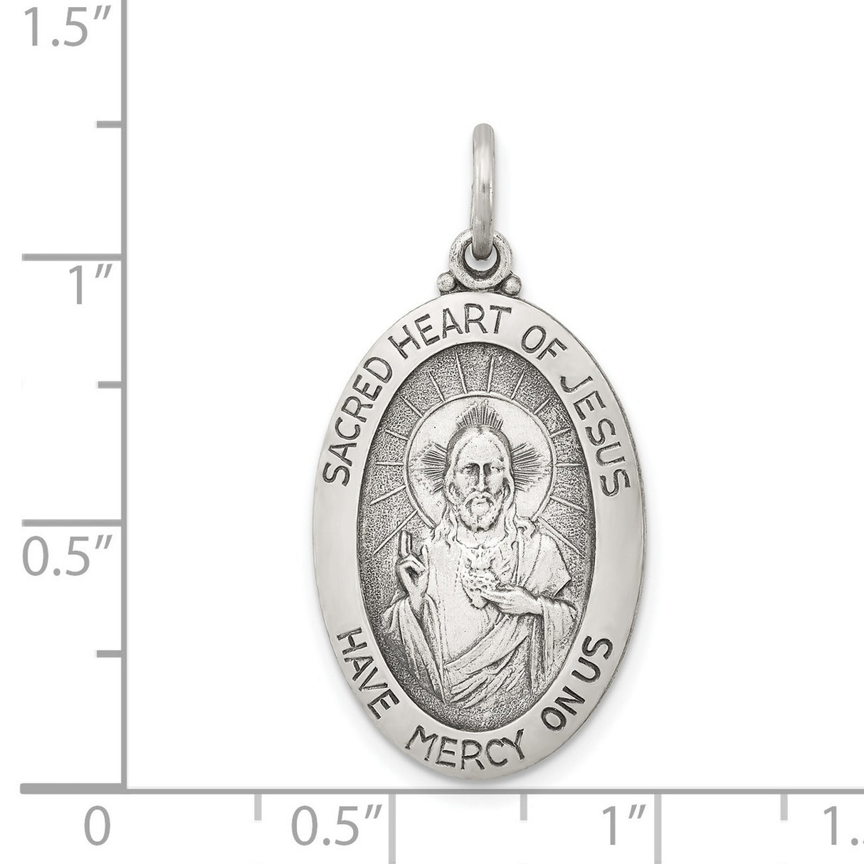 Sterling Silver Pendant, Sacred Heart of Jesus Medal with Radiant Halo Engraving