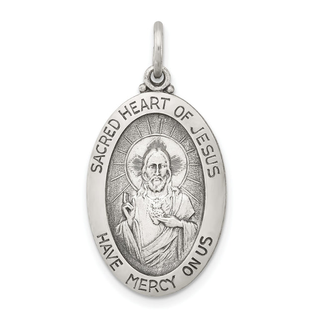 Sterling Silver Pendant, Sacred Heart of Jesus Medal with Radiant Halo Engraving