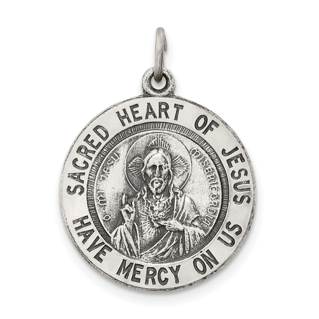 Sterling Silver Sacred Heart of Jesus Pendant with Devotional Inscription