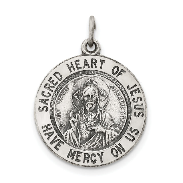 Sterling Silver Sacred Heart of Jesus Pendant with Devotional Inscription