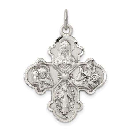 Sterling Silver Four-Way Cross Pendant with Sacred Heart, Miraculous Medal, Virgin Mary, St Joseph