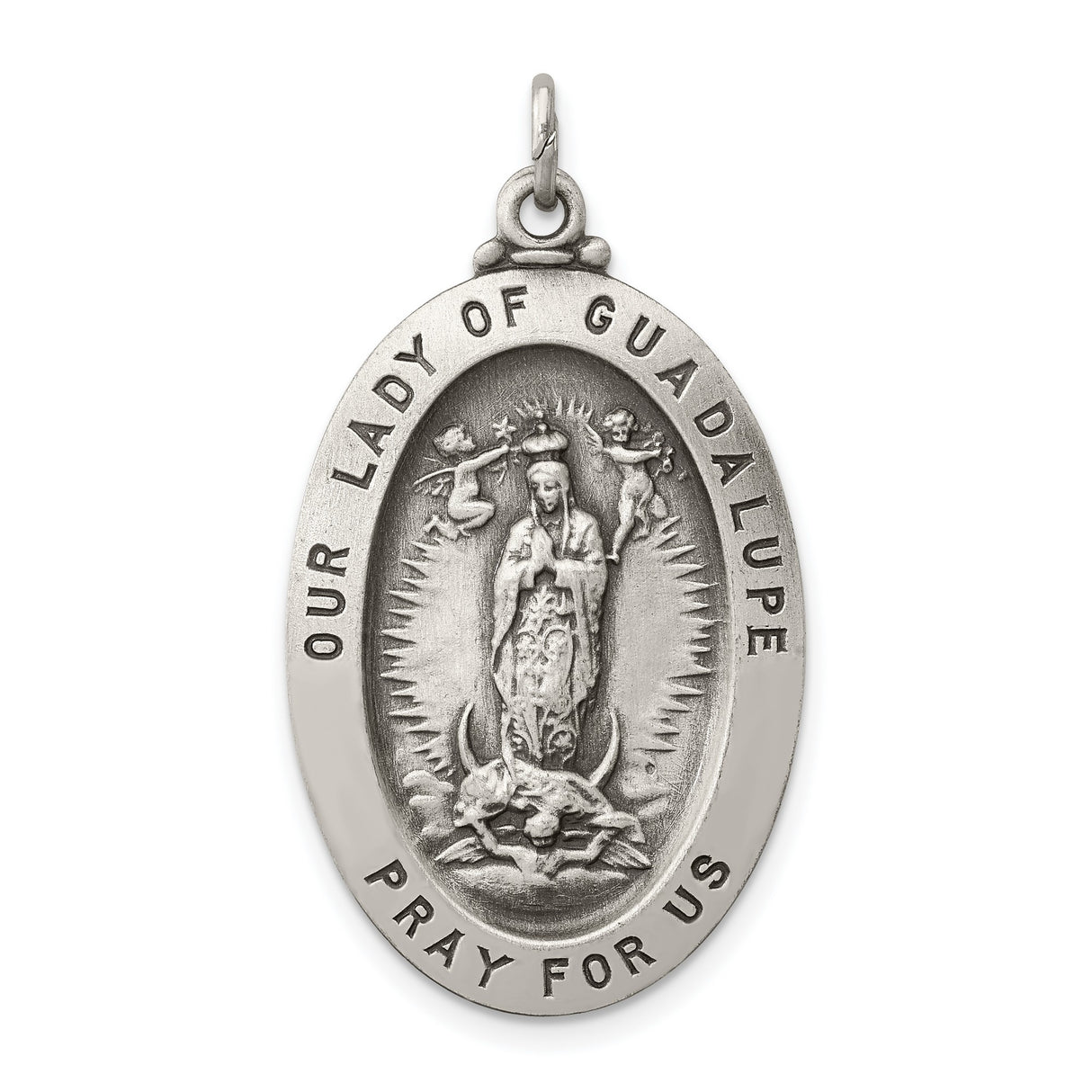 Our Lady of Guadalupe Pray For Us Words Oval Charm Pendant in Real 925 Sterling Silver
