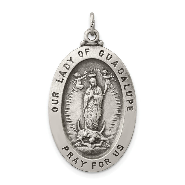 Our Lady of Guadalupe Pray For Us Words Oval Charm Pendant in Real 925 Sterling Silver