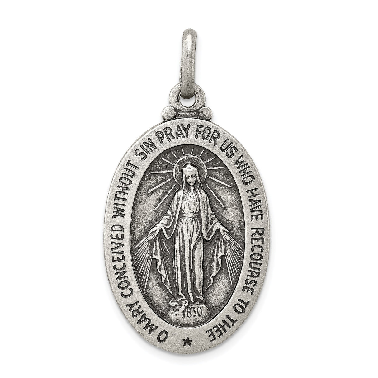Sterling Silver Miraculous Medal Pendant with Virgin Mary and Inscription