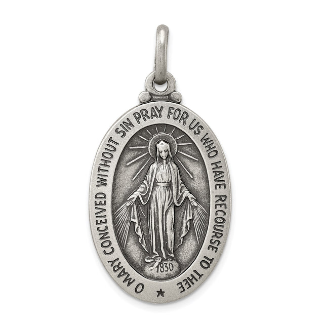 Sterling Silver Miraculous Medal Pendant with Virgin Mary and Inscription