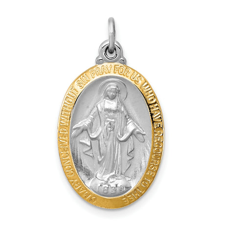 Sterling Silver Miraculous Medal Pendant with Gold Tone Border, Virgin Mary Design, Catholic Religious Jewelry