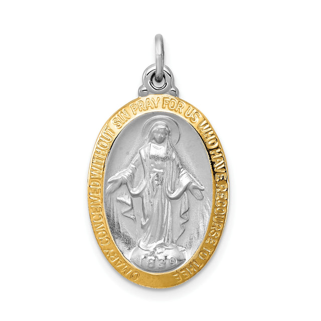 Sterling Silver Miraculous Medal Pendant with Gold Tone Border, Virgin Mary Design, Catholic Religious Jewelry