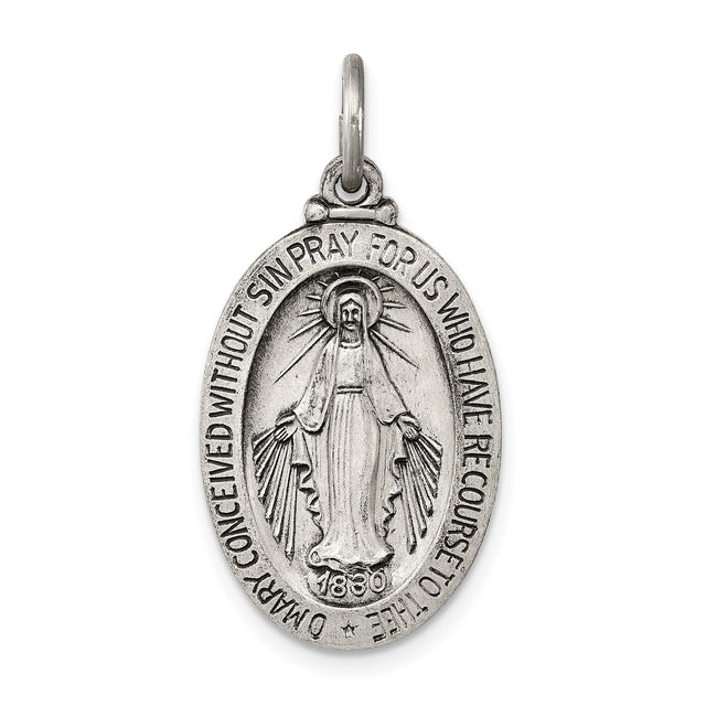 Sterling Silver Miraculous Medal Pendant Featuring Virgin Mary and Religious Inscription