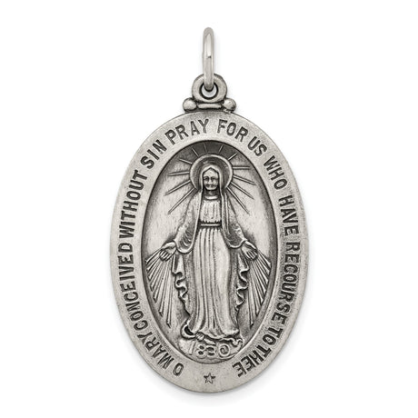 Sterling Silver Miraculous Medal Pendant with Virgin Mary and O Mary Conceived Prayer