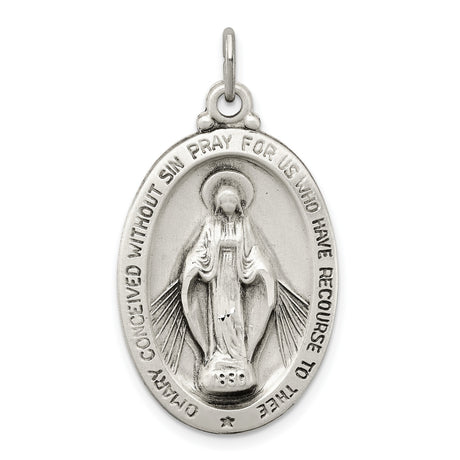 Sterling Silver Miraculous Medal Pendant with Virgin Mary and Prayer Inscription
