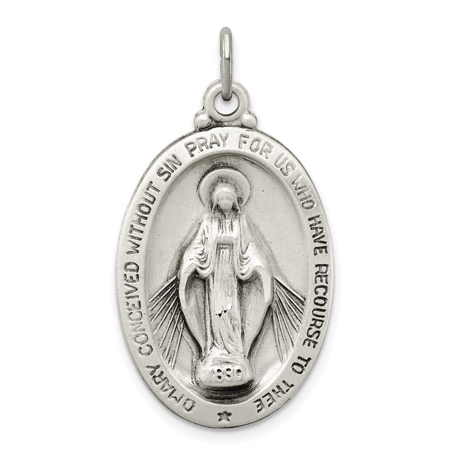 Sterling Silver Miraculous Medal Pendant with Virgin Mary and Prayer Inscription