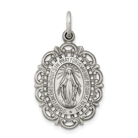 Sterling Silver Miraculous Medal Pendant Featuring Virgin Mary and Religious Inscription
