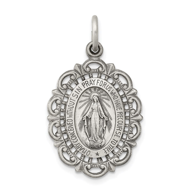 Sterling Silver Miraculous Medal Pendant Featuring Virgin Mary and Religious Inscription