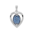 Sterling Silver Miraculous Medal Pendant, Heart Shaped Blue Enamel Virgin Mary Charm