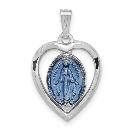 Sterling Silver Miraculous Medal Pendant, Heart Shaped Blue Enamel Virgin Mary Charm