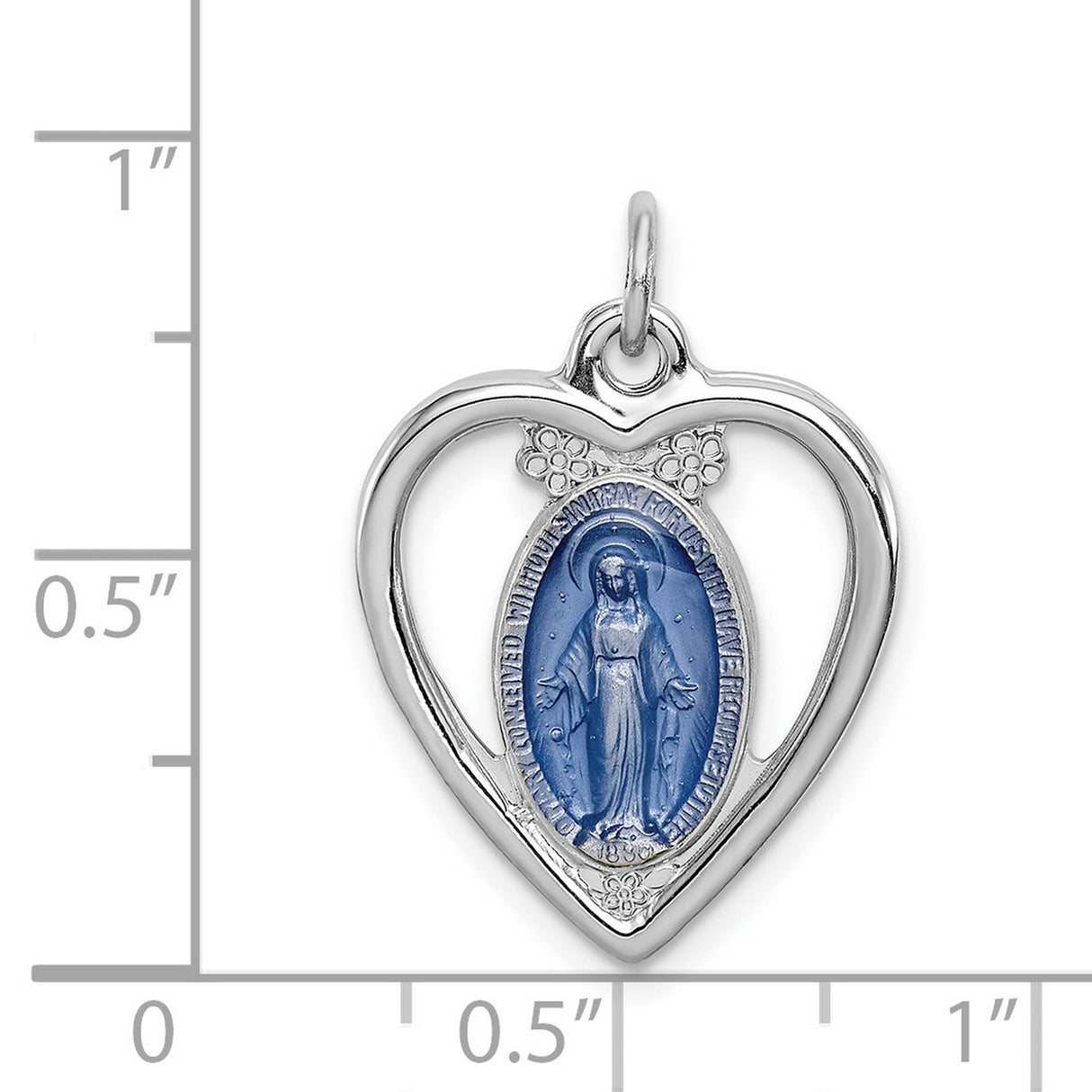 Sterling Silver Heart Pendant with Blue Enamel Virgin Mary and Marian Symbols